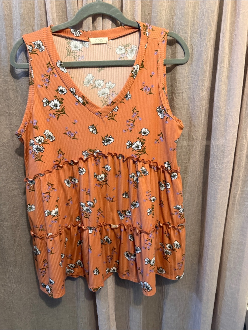 Orange Floral Sleeveless V-Neck Tiered Tank Top